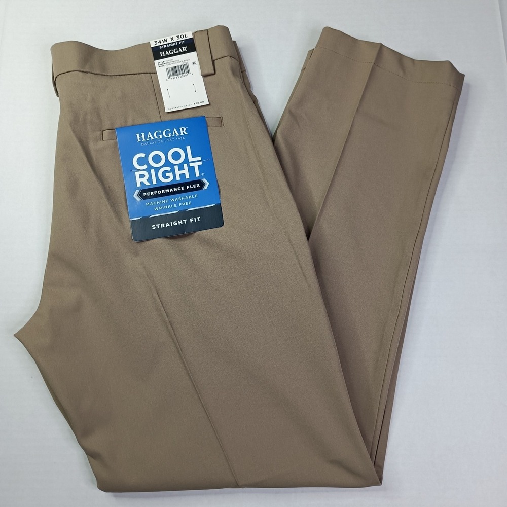 Haggar Cool Right Performance Flex Straight Fit Pants Men's Size 34x30 Khaki New
